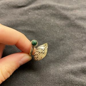 silver leaf ring with green gem